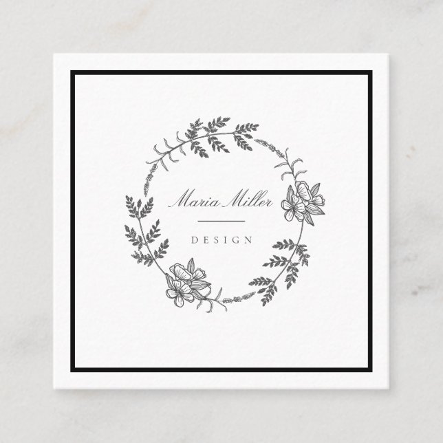 Tarjeta De Visita Cuadrada Clásico blanco negro floral romántico moderno (Anverso)