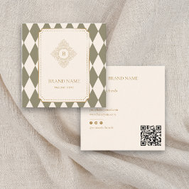 Tarjeta De Visita Cuadrada Classic Green & Ivory Argyle Monogram Gold Accent 