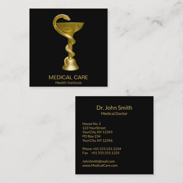 Tarjeta De Visita Cuadrada Classy Snake Bowl Hygieia Medical Gold Caduceus (Anverso / Reverso)