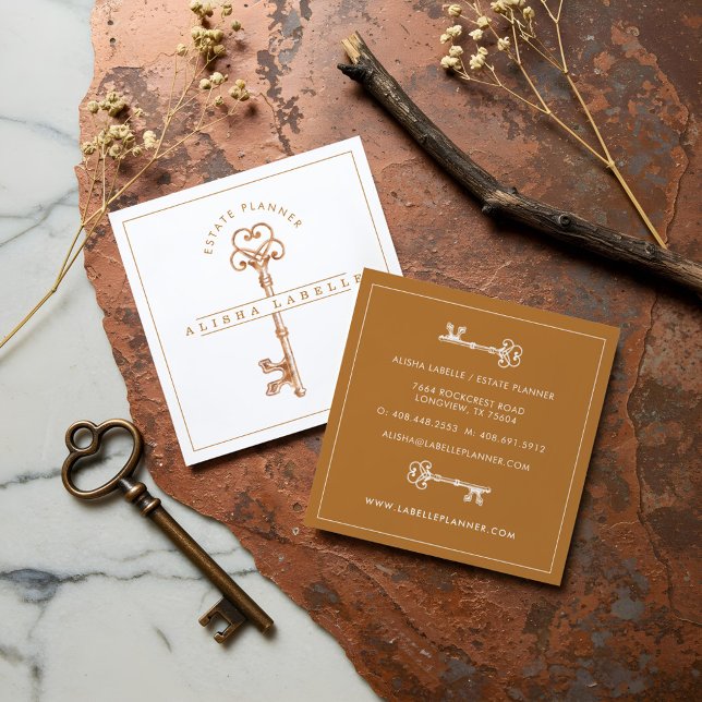 Tarjeta De Visita Cuadrada Clave de esqueleto de cobre antiguo (Antique Vintage Copper Skeleton Key Square Business Card)