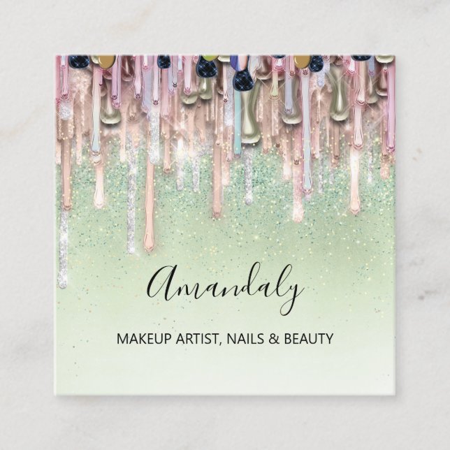 Tarjeta De Visita Cuadrada Clavos de artista maquillaje Purpurina logo Rosa g (Anverso)