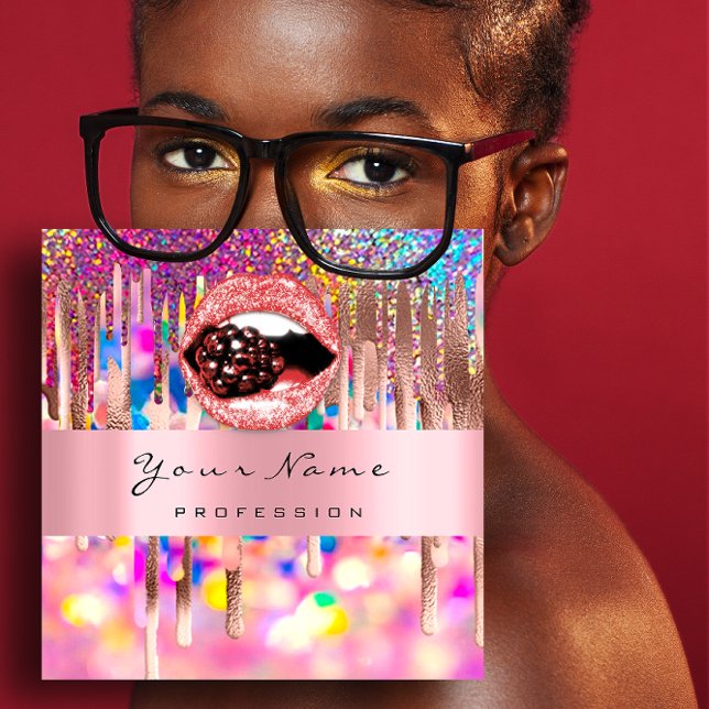 Tarjeta De Visita Cuadrada Clavos de maquillaje Holografía rosa de rosa goteo (Makeup Nails Pink Rose Holograph Drips Kiss Lips Square Business Card)