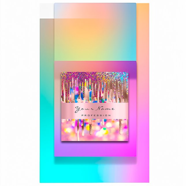 Tarjeta De Visita Cuadrada Clavos de maquillaje Perforaciones Holográficas de (Makeup Lashes Nails Pink Unicorn Holograph Drips Square Business Card)
