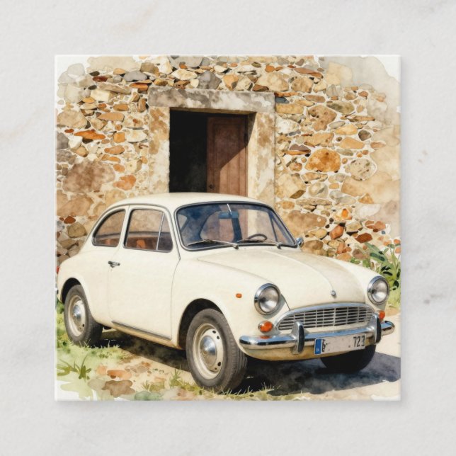 Tarjeta De Visita Cuadrada Coche Antiguo junto a Edificio de Piedra (Anverso)