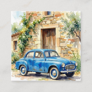 Tarjeta De Visita Cuadrada Coche Antiguo junto a una Cabaña de Piedra