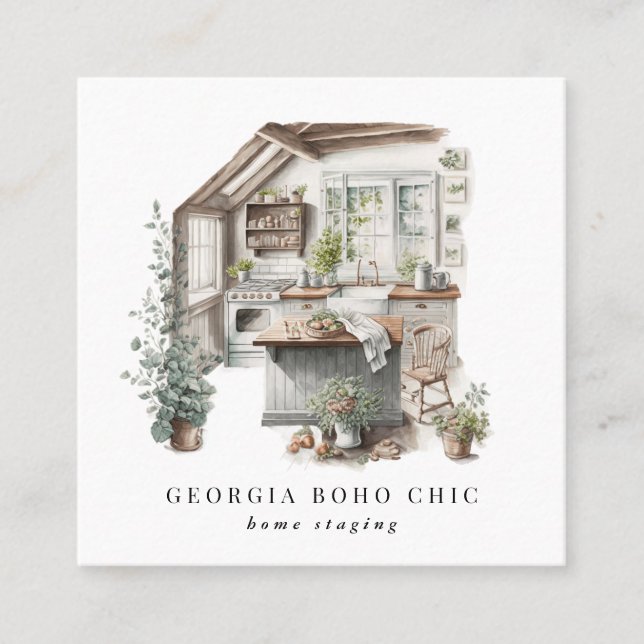 Tarjeta De Visita Cuadrada Cocina de campo | Interior de la instalación en el (Anverso)