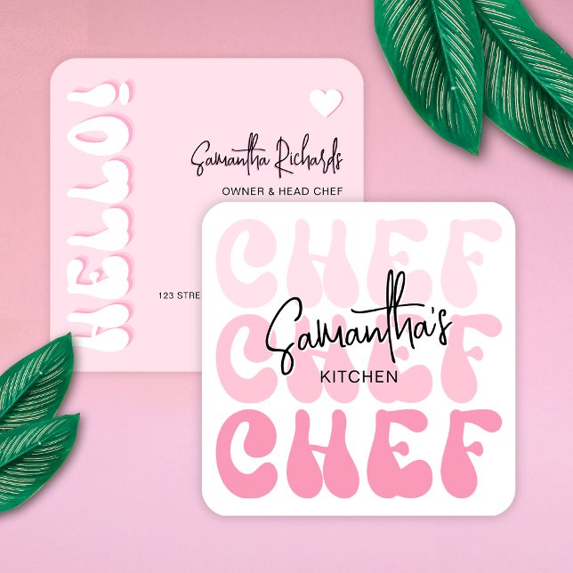 Tarjeta De Visita Cuadrada Cocina De Panadería Trendy Retro Rosa Girly (Catering business cards in girly pink colors with retro fonts and trendy layout)