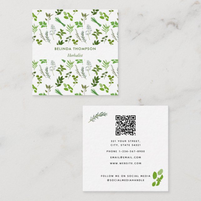 Tarjeta De Visita Cuadrada Cocina Verde Herbario Jardín Código QR (Anverso / Reverso)