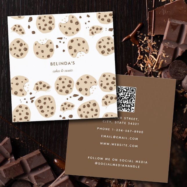 Tarjeta De Visita Cuadrada Cocinas de chocolate con código QR en medios socia (Chocolate Chip Cookies Baking QR Code Social Media Square Business Card)