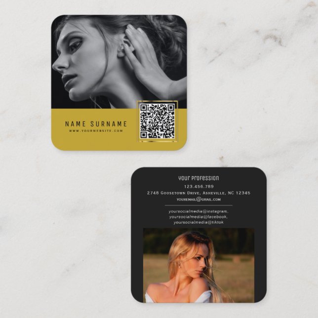 Tarjeta De Visita Cuadrada Código de barras amarillo escaneado, foto de códig (Anverso / Reverso)