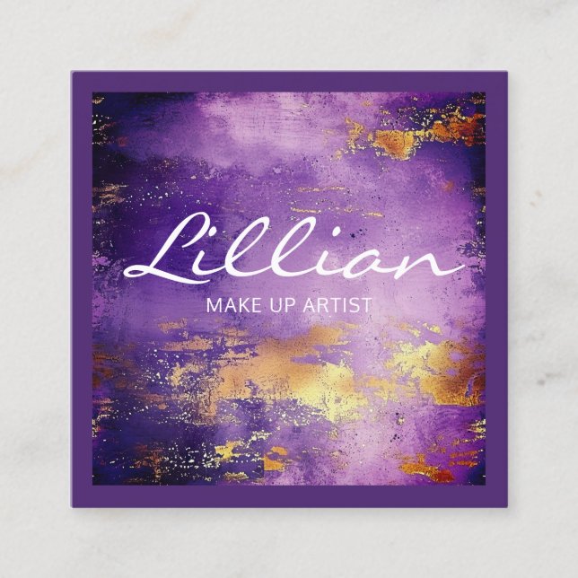 Tarjeta De Visita Cuadrada Código QR abstracto de lujo púrpura y dorado (Anverso)