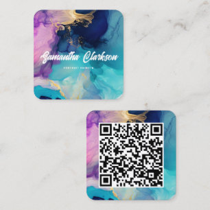 Tarjeta De Visita Cuadrada Código QR Acuarela Abstracto Grueso Cursivo Colori
