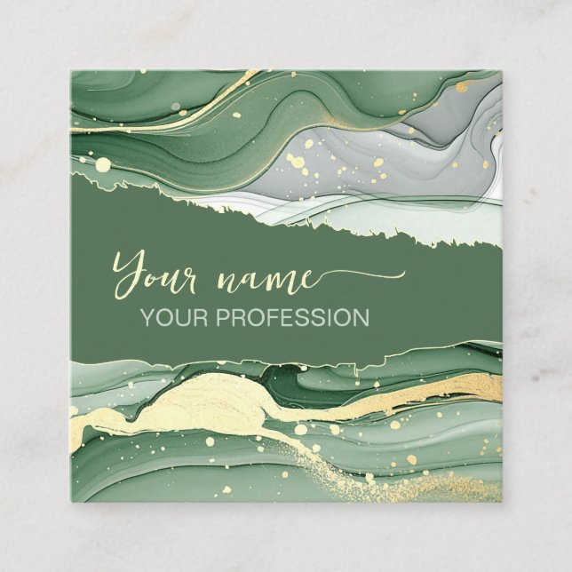 Tarjeta De Visita Cuadrada Código Qr Acuarela Verde Salvia Dorado (Anverso)