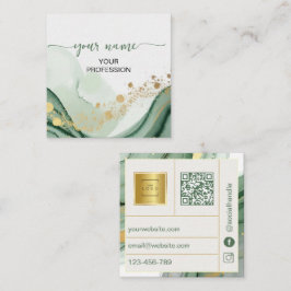 Tarjeta De Visita Cuadrada Código Qr Acuarela Verde Salvia Dorado