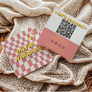 Tarjeta De Visita Cuadrada Código QR atrevido y colorido retro con cuadros bo