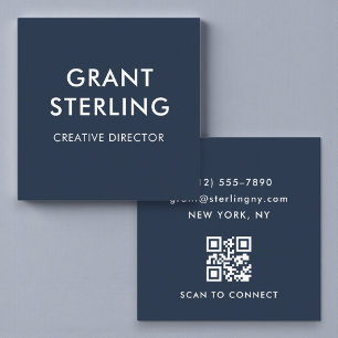 Tarjeta De Visita Cuadrada Código QR Azul Marino Tipografía Simple Minimalist