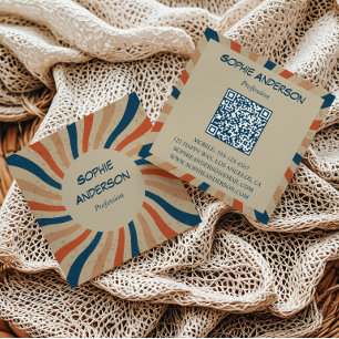 Tarjeta De Visita Cuadrada Código QR cuadrado Retro Groovy Sunburst