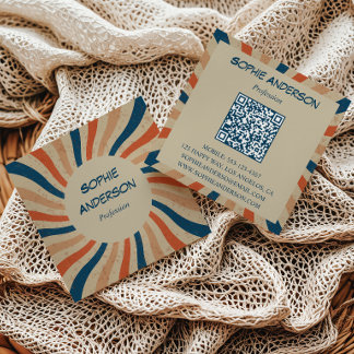 Tarjeta De Visita Cuadrada Código QR cuadrado Retro Groovy Sunburst