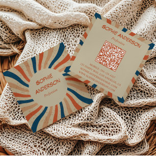 Tarjeta De Visita Cuadrada Código QR cuadrado Retro Groovy Sunburst