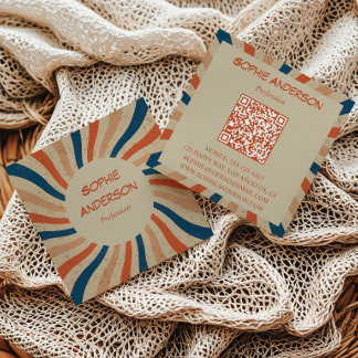 Tarjeta De Visita Cuadrada Código QR cuadrado Retro Groovy Sunburst