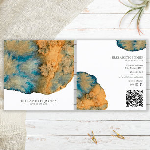 Tarjeta De Visita Cuadrada Código QR de Acuarela Abstracta de Terracota Azul