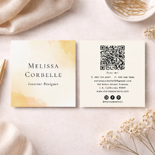 Tarjeta De Visita Cuadrada Código QR de Acuarela Abstracta Moderna Amarillo P