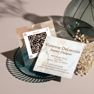 Tarjeta De Visita Cuadrada Código QR de acuarela de mármol blanco de lujo ele