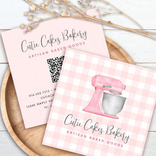 Tarjeta De Visita Cuadrada Código QR de batidora de cocina Blush rosa Gingham