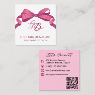Tarjeta De Visita Cuadrada Código QR de belleza con lazo fucsia monograma Coq