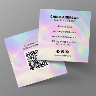 Tarjeta De Visita Cuadrada Código QR de cita de estilista de cabello holográf