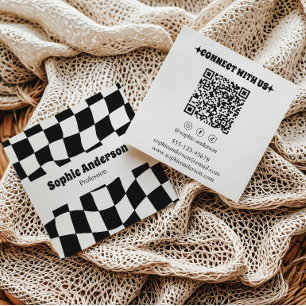 Tarjeta De Visita Cuadrada Código QR de cuadros moderno en blanco y negro