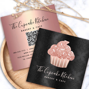 Tarjeta De Visita Cuadrada Código QR de Cupcake con Brillo de Oro Rosa en Pas