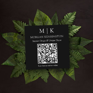 Tarjeta De Visita Cuadrada Código QR de escaneo con monograma negro moderno o