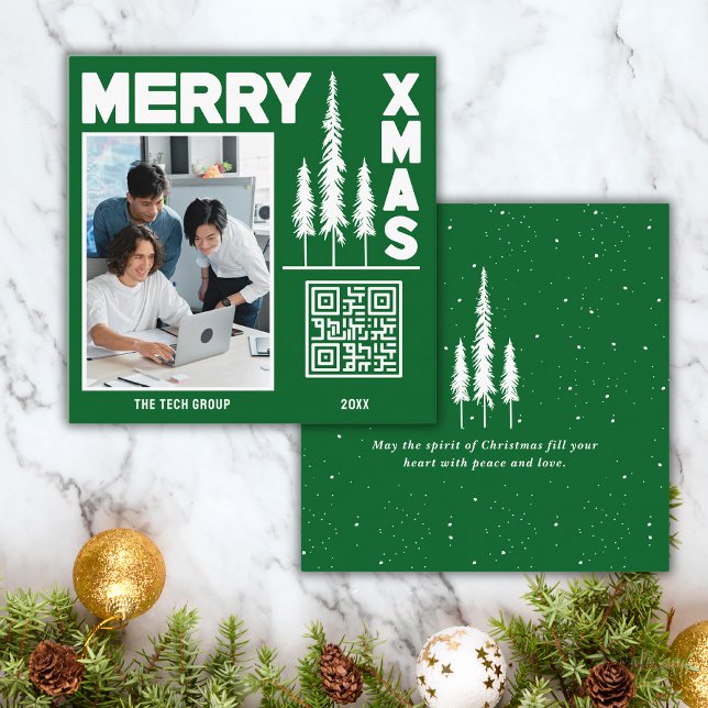 Tarjeta De Visita Cuadrada Código QR de Feliz Verde y Blanco (Wish your clients Merry Christmas & promote your business at the same time. Get yours today!)