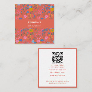 Tarjeta De Visita Cuadrada Código QR de flores silvestres rojas modernas Boho
