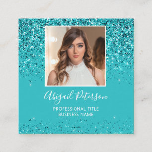 Tarjeta De Visita Cuadrada Código QR de foto con brillo elegante Aqua 