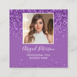 Tarjeta De Visita Cuadrada Código QR de foto con brillo morado elegante