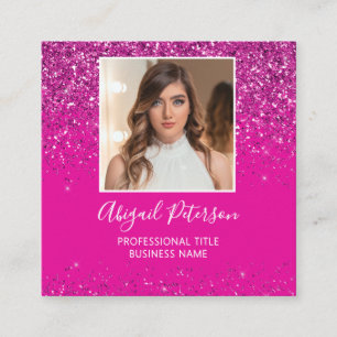 Tarjeta De Visita Cuadrada Código QR de foto con brillo rosa caliente elegant