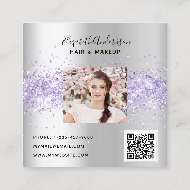 Tarjeta De Visita Cuadrada Código qr de foto de perfil violeta de lavanda pla (Reverso)