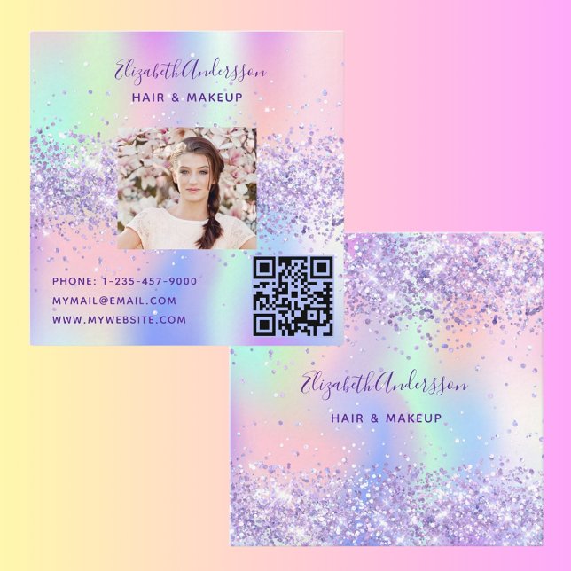 Tarjeta De Visita Cuadrada Código qr de foto holográfica púrpura rosa (Subido por el creador)