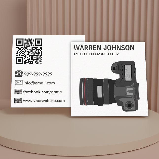 Tarjeta De Visita Cuadrada Código QR de Fotógrafo Moderno Blanco (Subido por el creador)