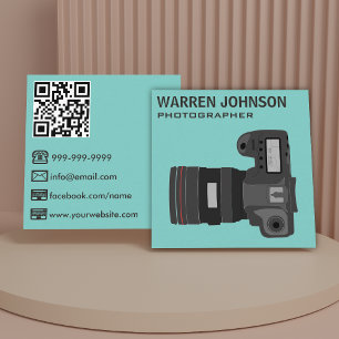Tarjeta De Visita Cuadrada Código QR de Fotógrafo Moderno Cian