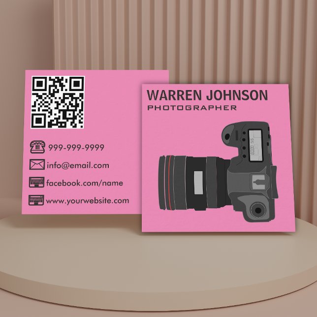 Tarjeta De Visita Cuadrada Código QR de Fotógrafo Moderno Rosa (Subido por el creador)