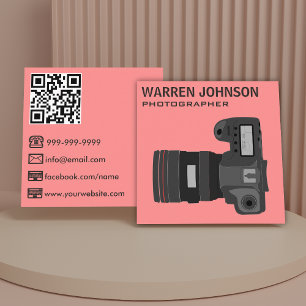 Tarjeta De Visita Cuadrada Código QR de Fotógrafo Moderno Rosa Coral