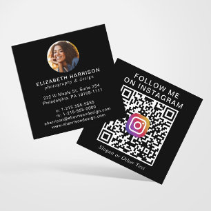 Tarjeta De Visita Cuadrada Código QR de Instagram de Foto Moderna Negro