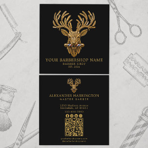 Tarjeta De Visita Cuadrada Código Qr de la Barbería Master Barber Gold Stag