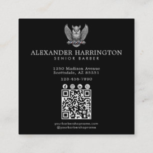 Tarjeta De Visita Cuadrada Código Qr de la Barbería Profesional Barber Silver