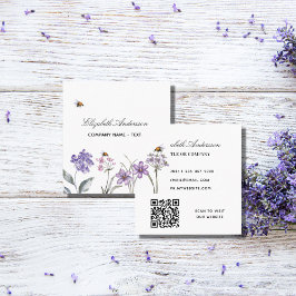 Tarjeta De Visita Cuadrada Código QR de lavanda violeta con flores silvestres