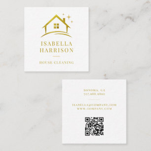 Tarjeta De Visita Cuadrada Código QR de limpieza de casa de oro