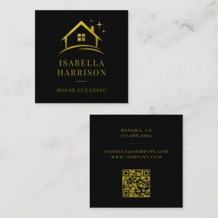Tarjeta De Visita Cuadrada Código QR de Limpieza de Casa de Oro Negro